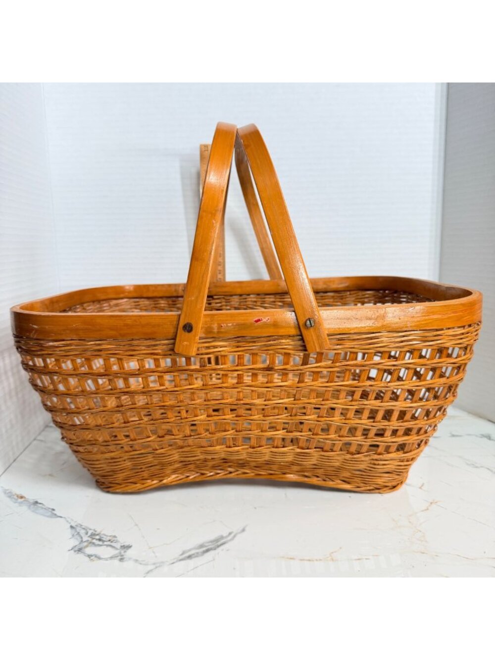 Vintage Wicker Picnic Basket Woven Gathering Market Basket Dual Handles Boho